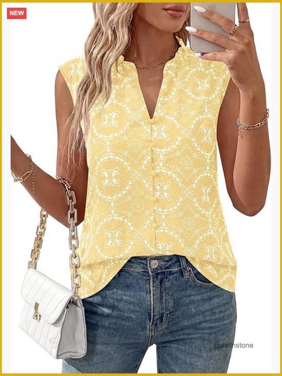 Tops - Boho Eyelet Embroidered Sleeveless Button Down Shirt Beach Vacation Top